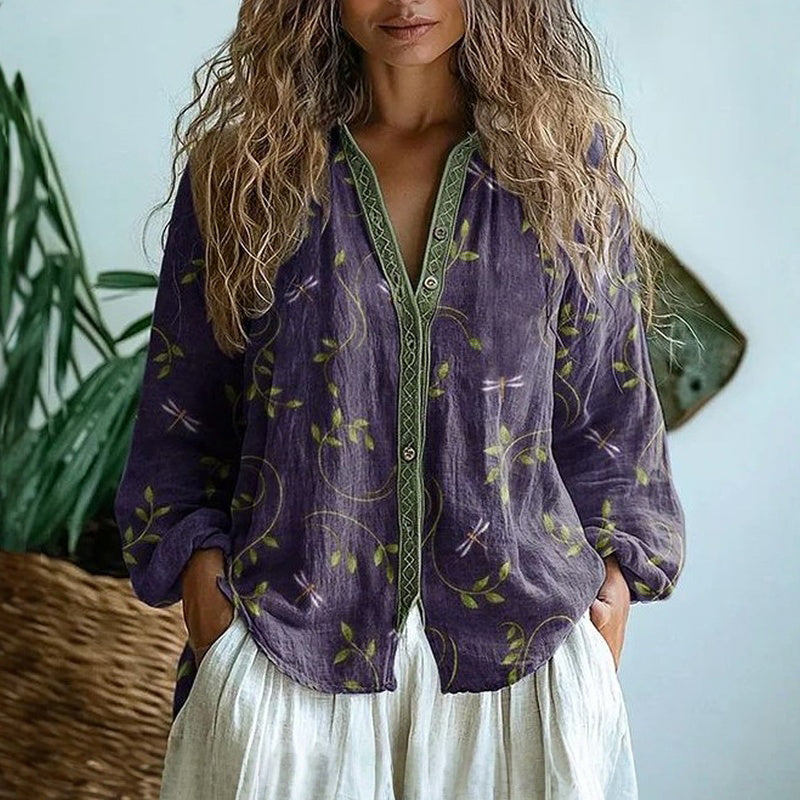 Sophia™ | Bluzka Vintage z Wzorem Liścia – Ponadczasowa Elegancja na Każdą Okazję