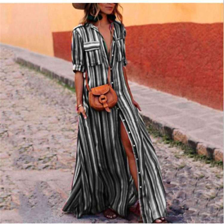Sukienka Maxy Chiffon w Paski z Kołnierzykiem i Krótkimi Rękawami dla Kobiet z Paskiem
