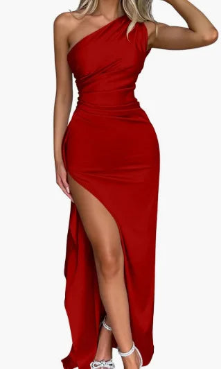 Letnia Seksowna Sukienka Satynowa na Jedno Ramię dla Kobiet Bez Rękawów, Bez Pleców, Wysoki Rozcięcie, Elegancka Sukienka Wieczorowa na Przyjęcia, Cocktail Dress