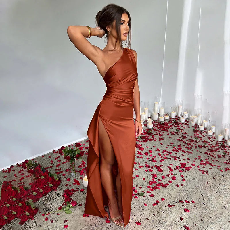 Letnia Seksowna Sukienka Satynowa na Jedno Ramię dla Kobiet Bez Rękawów, Bez Pleców, Wysoki Rozcięcie, Elegancka Sukienka Wieczorowa na Przyjęcia, Cocktail Dress