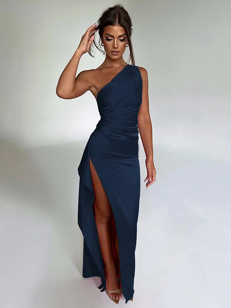 Letnia Seksowna Sukienka Satynowa na Jedno Ramię dla Kobiet Bez Rękawów, Bez Pleców, Wysoki Rozcięcie, Elegancka Sukienka Wieczorowa na Przyjęcia, Cocktail Dress