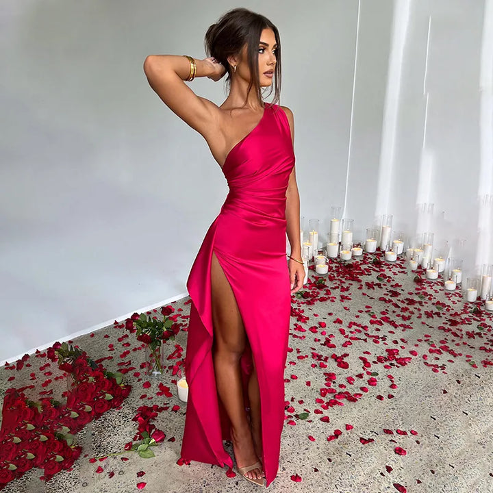 Letnia Seksowna Sukienka Satynowa na Jedno Ramię dla Kobiet Bez Rękawów, Bez Pleców, Wysoki Rozcięcie, Elegancka Sukienka Wieczorowa na Przyjęcia, Cocktail Dress